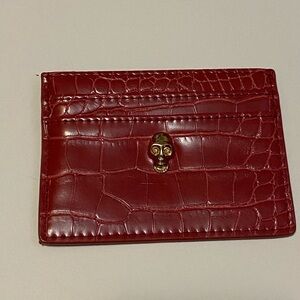 Like Dreams Red Croc-Embossed Card Holder with Skull Accent